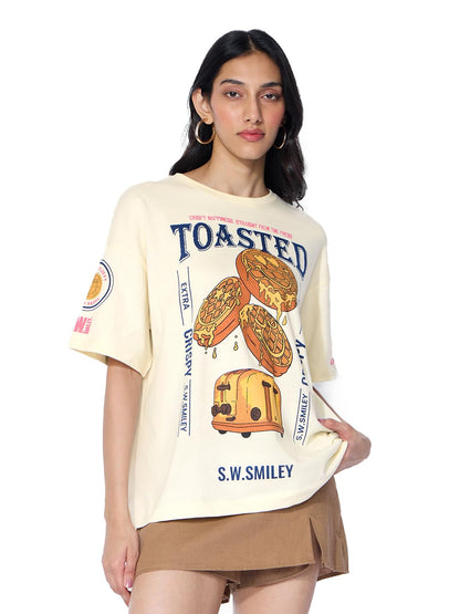The Souled Store Smiley: Toasted Smiles Women and Girls Short Sleeves Round Neck Off White Graphic Printed Cotton Oversized T-Sh