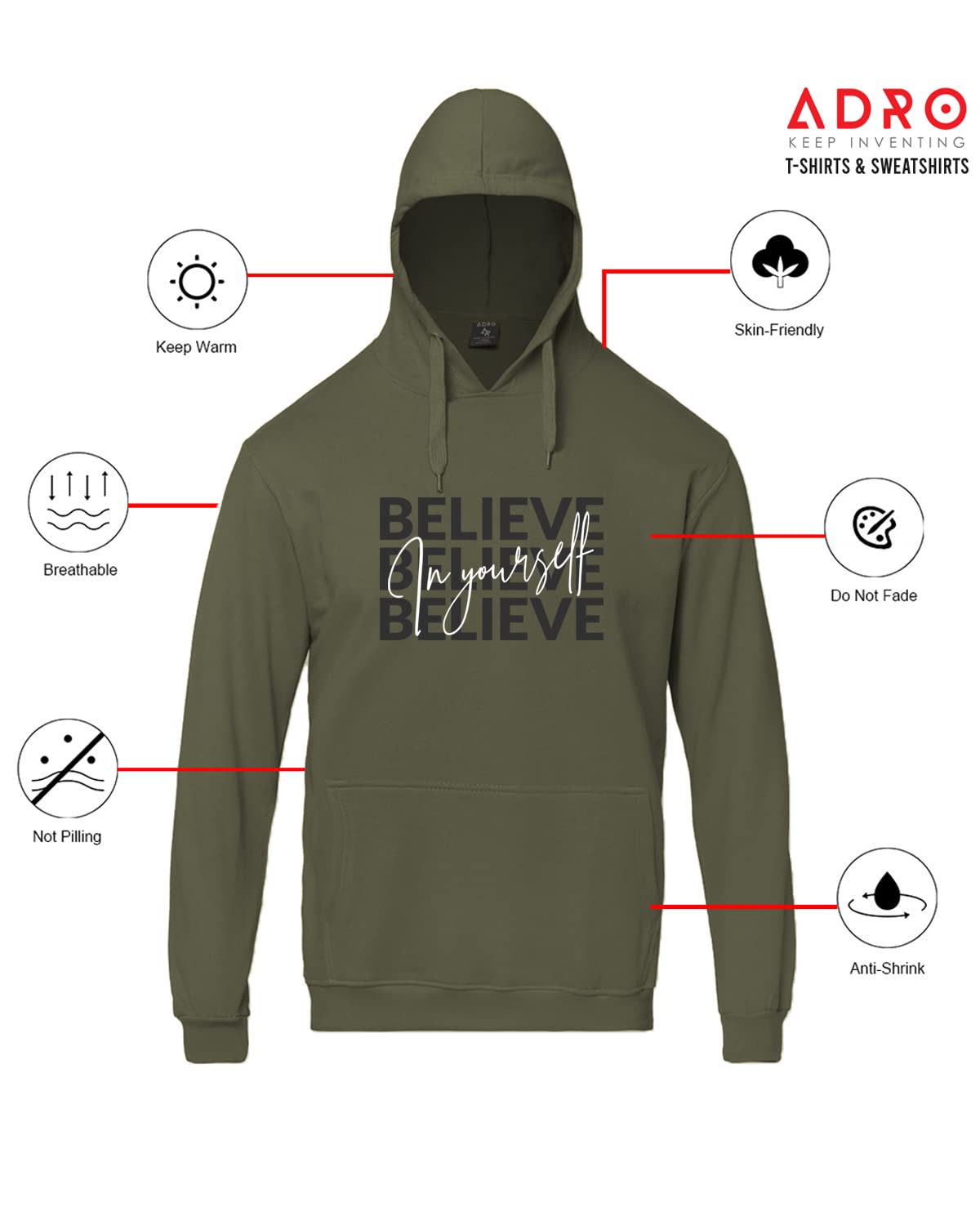 ADRO Believe in Your Self Printed Hoodie/Sweatshirt for Men