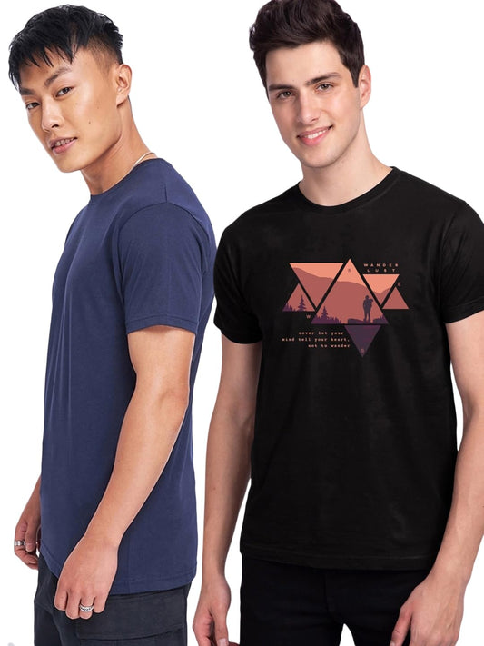 Bewakoof Mens Graphic Print 100% Cotton T-Shirts (Pack of 2) - Regular Fit, Round Neck, Half Sleeves_601710_Blue & Black_S