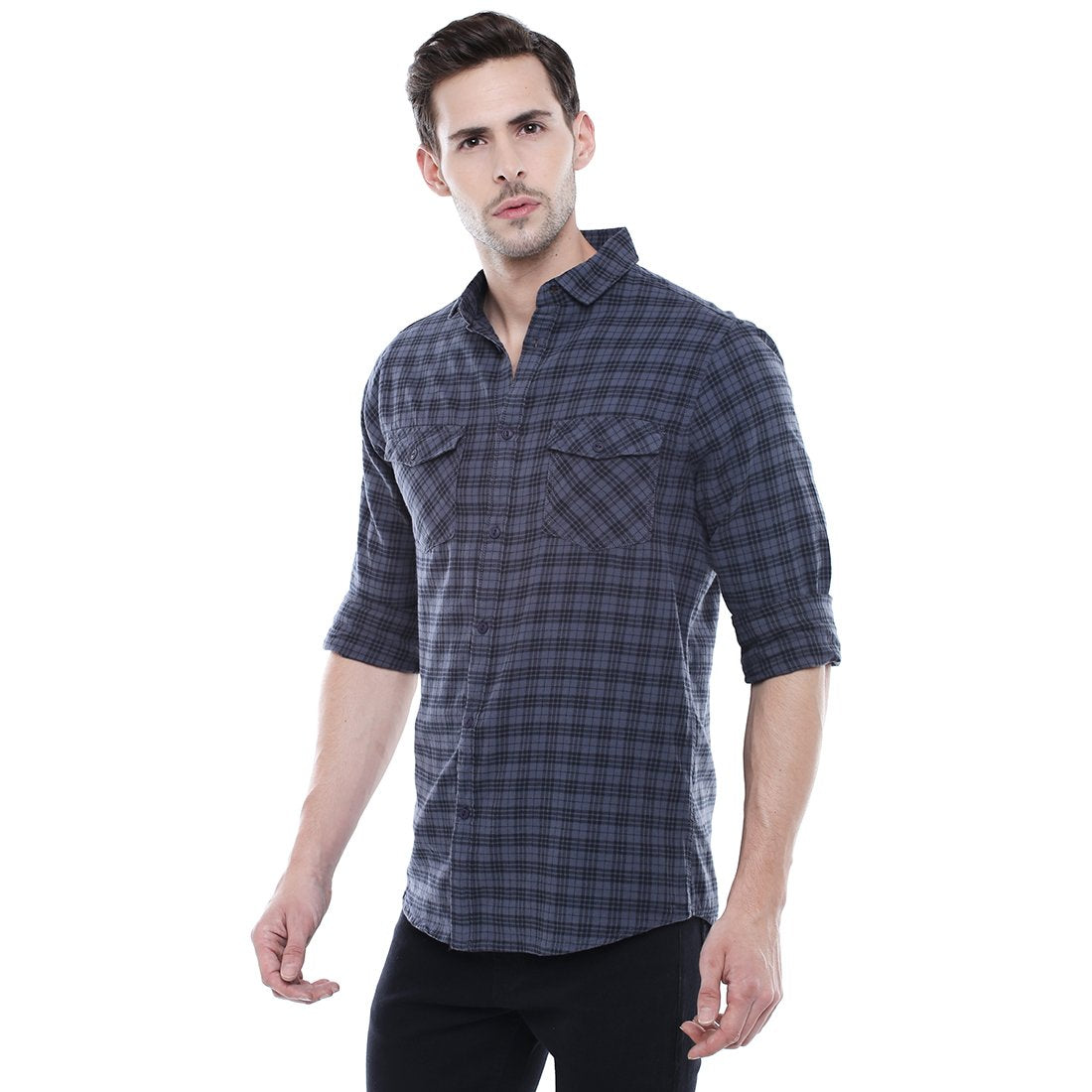 Dennis Lingo MenS Grey Checks Slim Fit Cotton Spread Collar Full Sleeves Casual Shirt With Flap Pockets