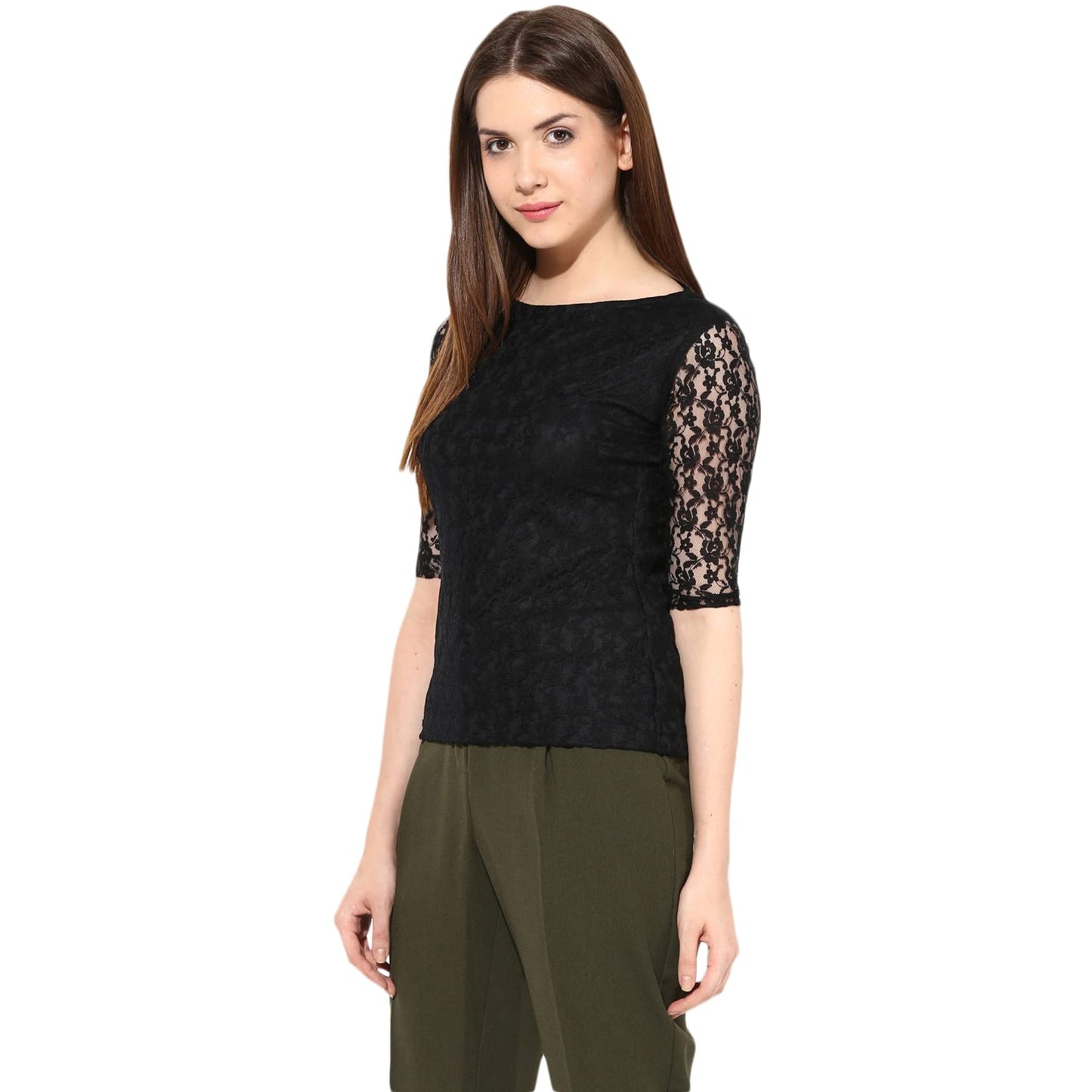 Miss Chase WomenS Black Round Neck 3/4Th Sleeves Lace Top (Mcaw14Tp01-54-62-06-Black-Xl)