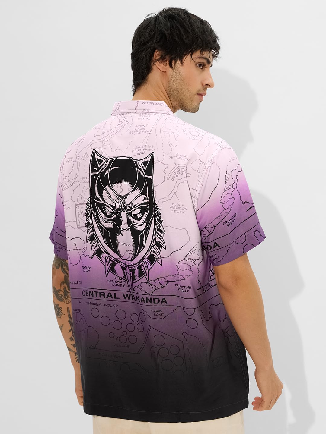 The Souled Store Official Black Panther: Map of Wakanda Men and Boys Short Sleeves Collared Neck Button Front All Over Printed V