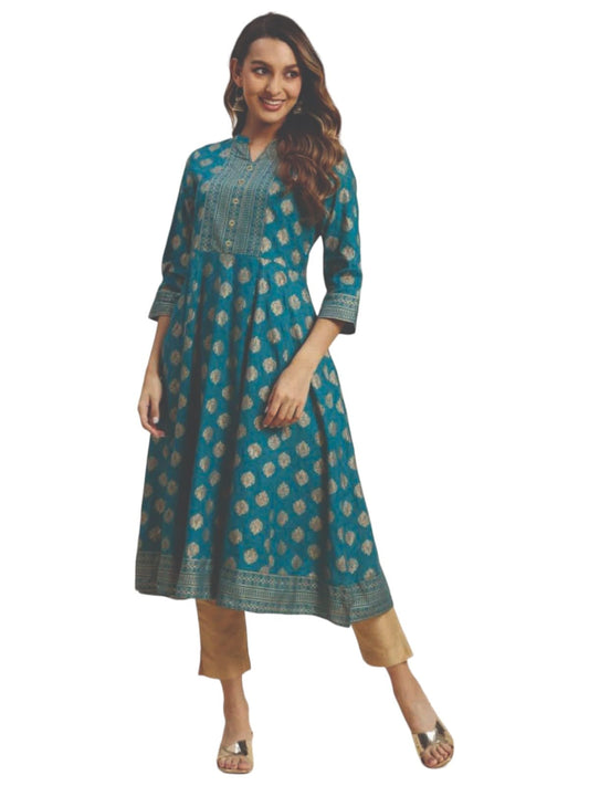 rangita Teal Rayon Calf Length Printed Flared Kurti for Women | Kurta for Women