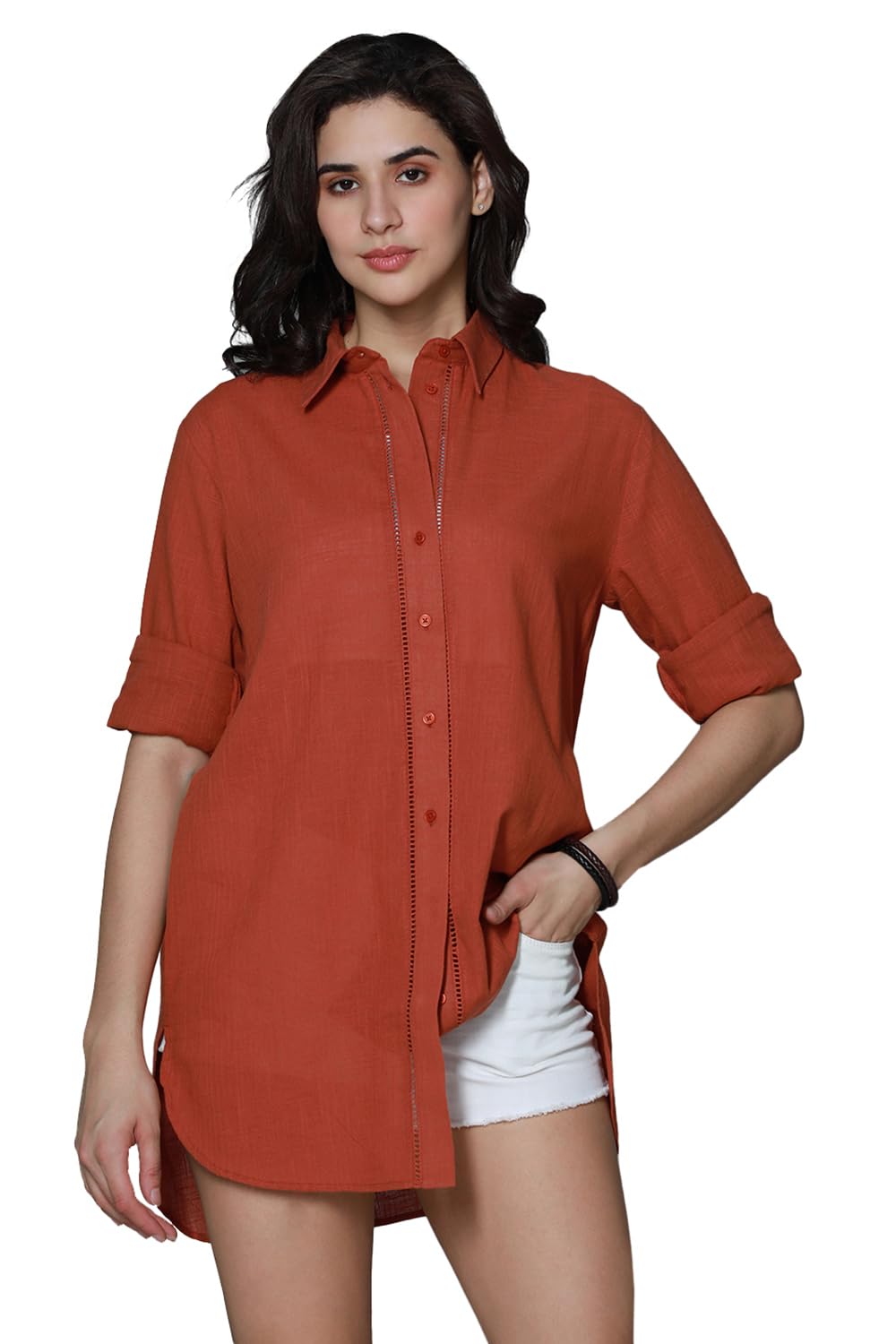 High Star WomenS Solid Oversized Fit Shirt (Hswshs2405_Rust
