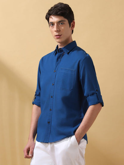 Dennis Lingo Men Solid Cotton Slub Spread Collar Full Sleeves Regular Fit Shirt Teal Blue