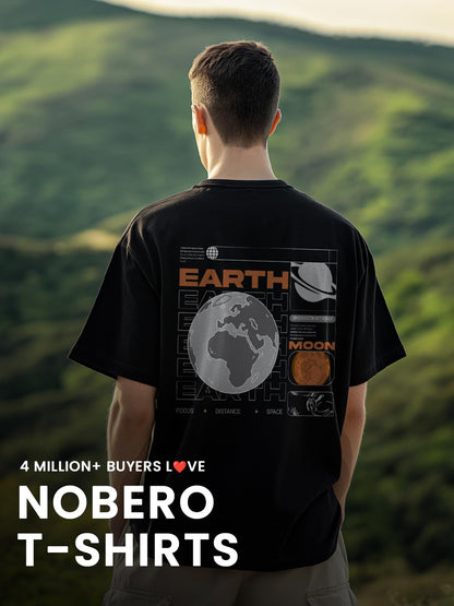 Nobero MenS Graphic Print Oversized Fit T-Shirt (1M-Twrt-C1018-Bl_Earth And Moon Connection-Black
