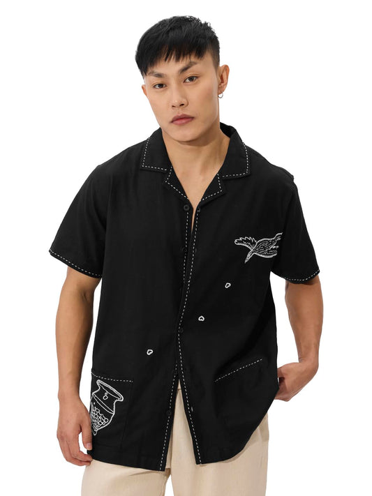The Souled Store Thirsty Crow Mens and Boys Short Sleeves Collared Neck Button Front Multicolor All Over Printed Rayon Regular F