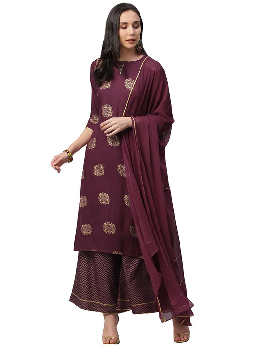 GoSriKiWomen's Rayon Straight Kurta with Palazzos & Dupatta (Ayesha)