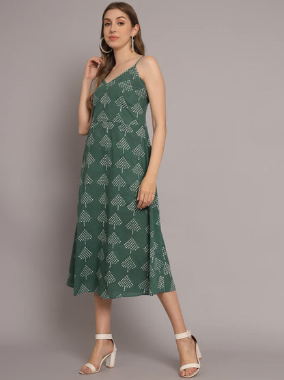 Peppyzone Women'S Handblock Printed Sleeveless Shoulder Strip Cami Dress