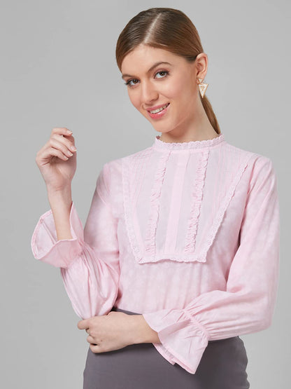 Style Quotient Women Self Design Floral Powder Pink Cotton Regular Smart Casual Top