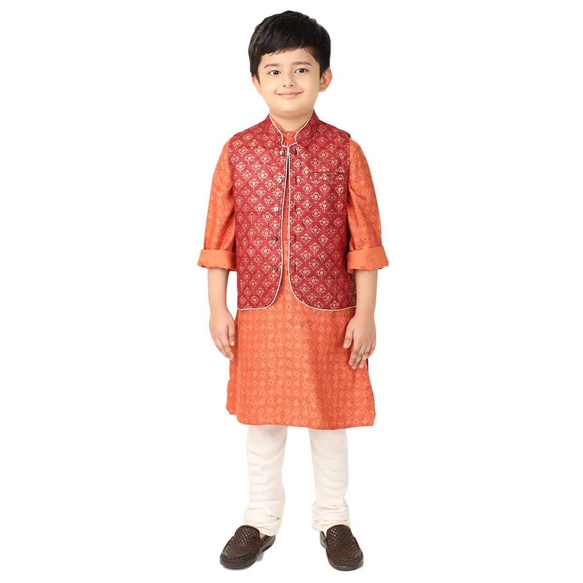 Fabindia Kids Tussur Ghicha Printed Nehru Jacket Silk_2-3Y
