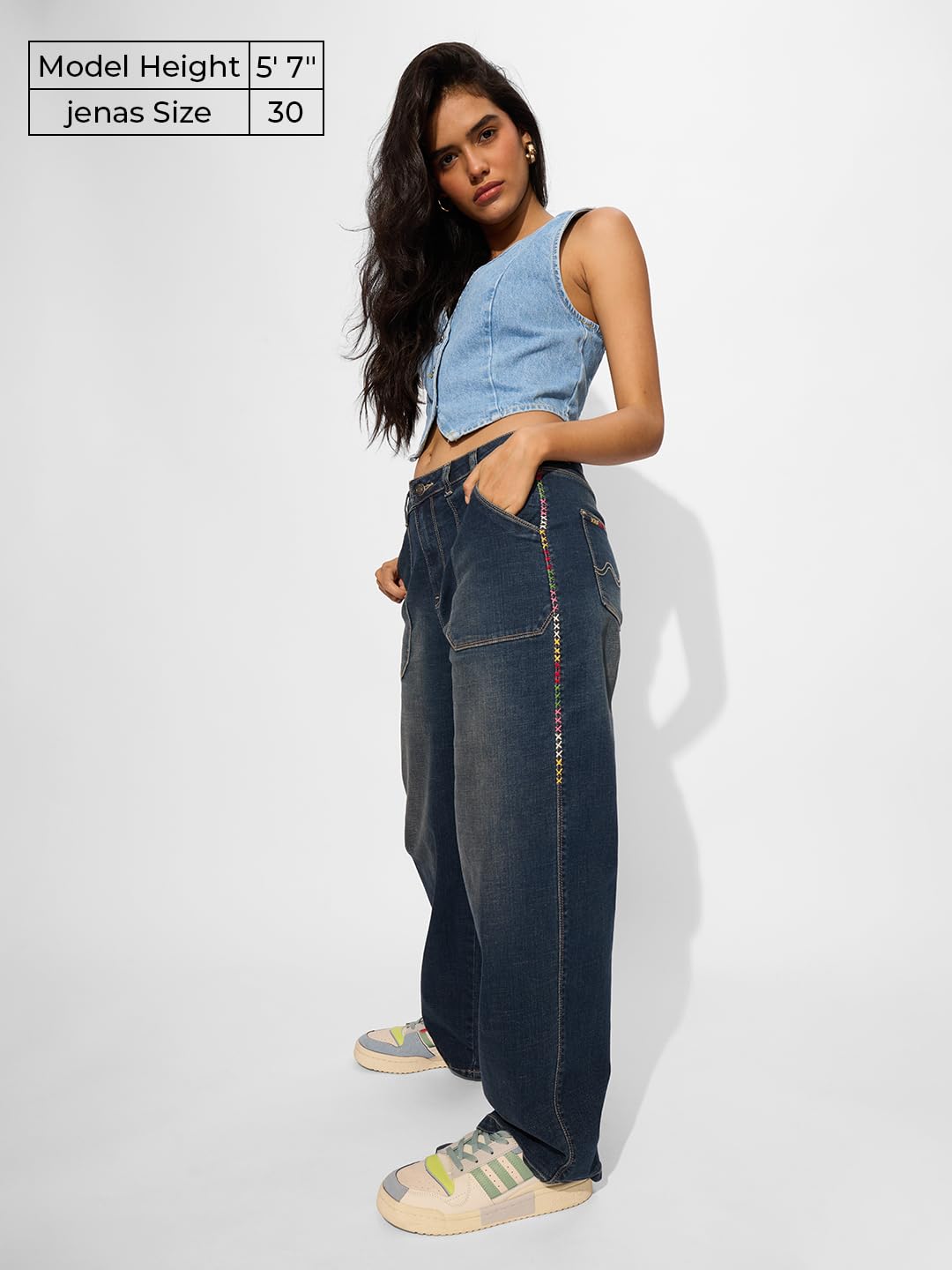 The Souled Store Denim: Vintage Blue Women and Girls Buttoned Cotton Blend Baggy Fit Jeans