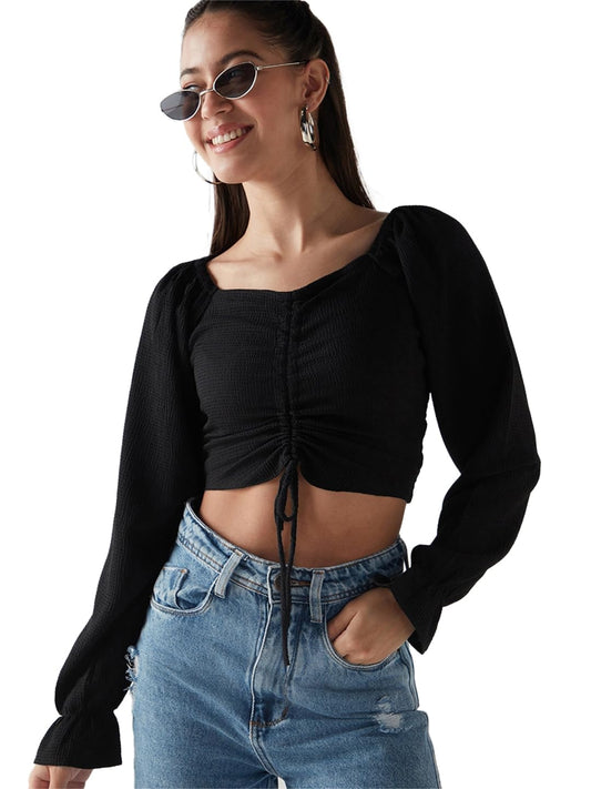 Bewakoof Womens Solid Slim Fit Full Sleeve Square Neck Poly Lycra Blend Short Top_635478_Black_L