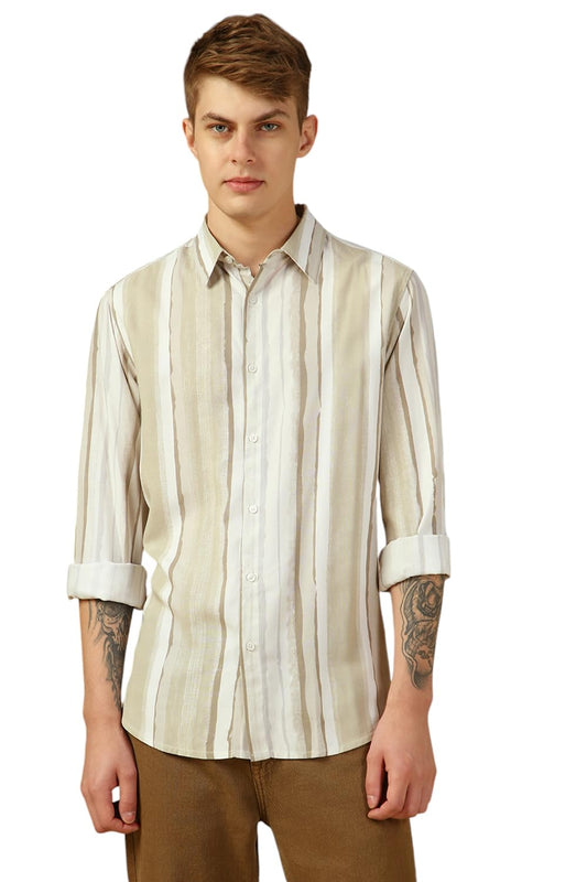 Dennis Lingo Men Brown Stripes Relaxed Fit Full Sleeve Spread Collar Shirts