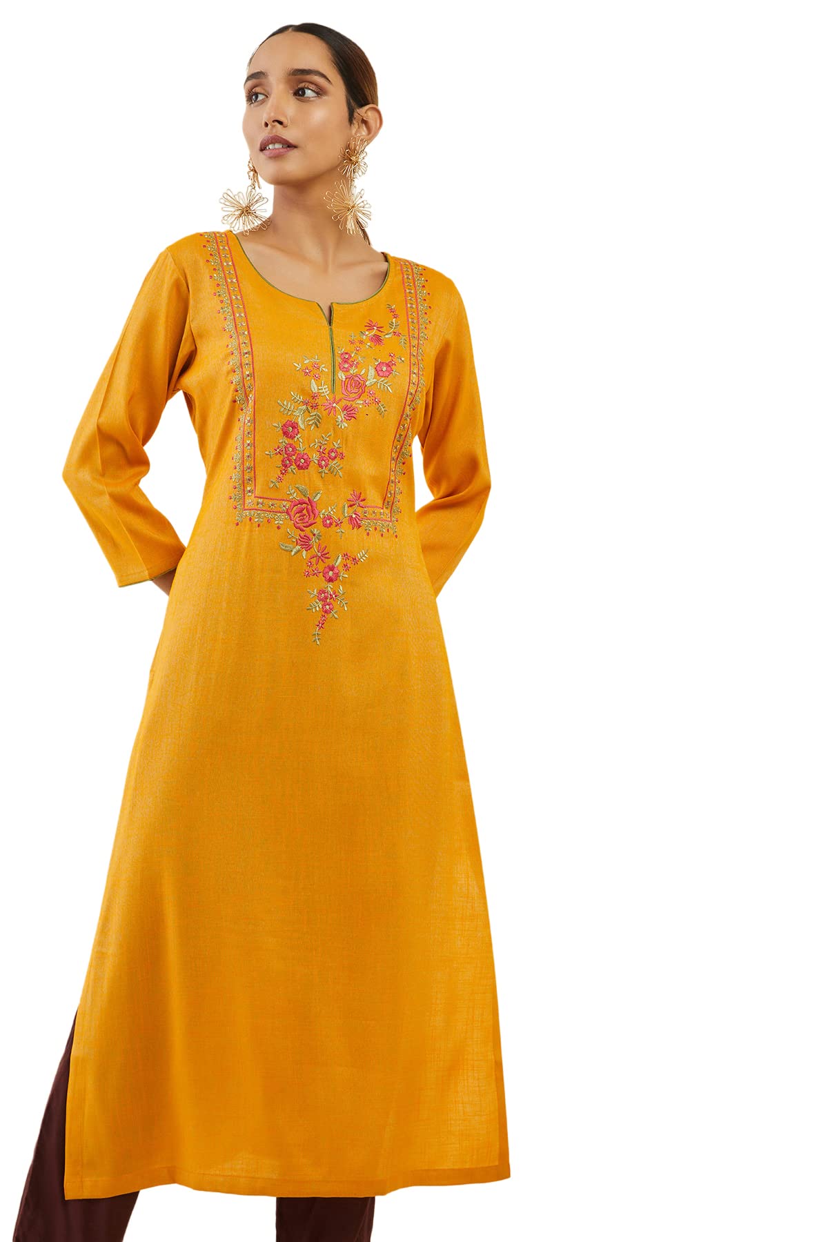Soch Mustard Rayon Straight Kurta With Floral Embroidered Designs