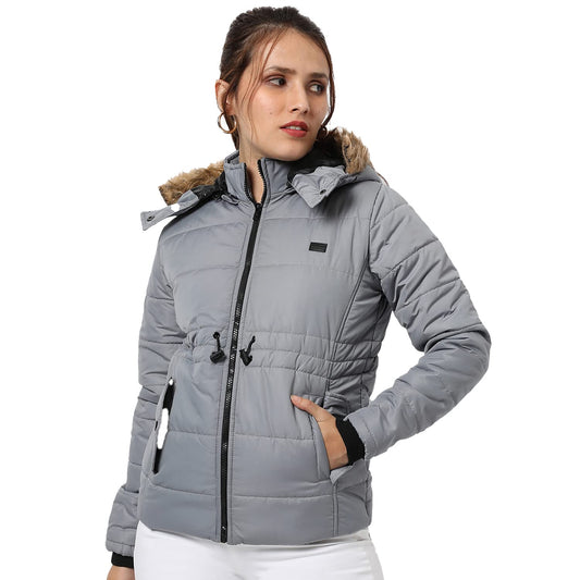 Campus Sutra Women Grey Hooded Puffer Regular Fit Bomber Jacket For Winter Wear | Standing Collar | Full Sleeve | Zipper | Casua