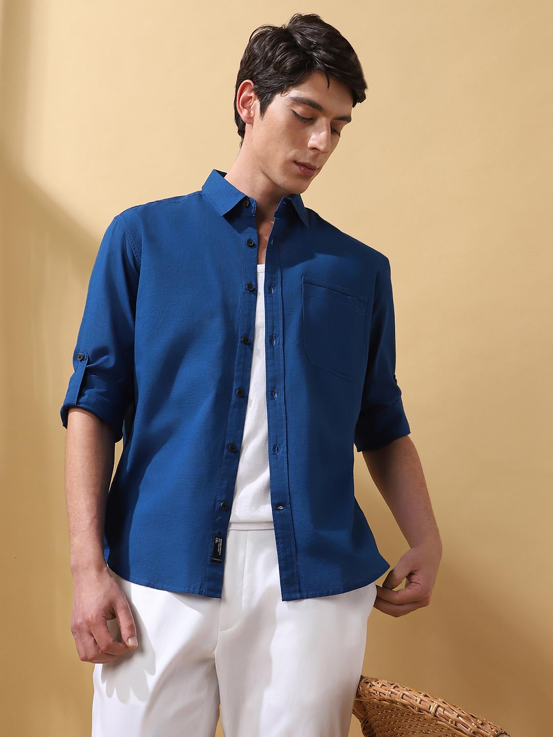 Dennis Lingo Men Solid Cotton Slub Spread Collar Full Sleeves Regular Fit Shirt Teal Blue