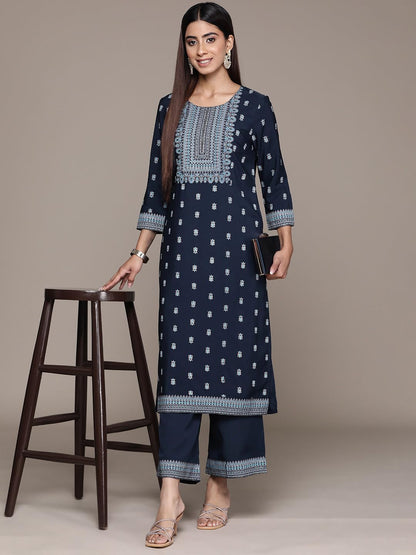 ZIYAA Women Women's Navy Blue Crepe Straight Kurta And Palazzo Set