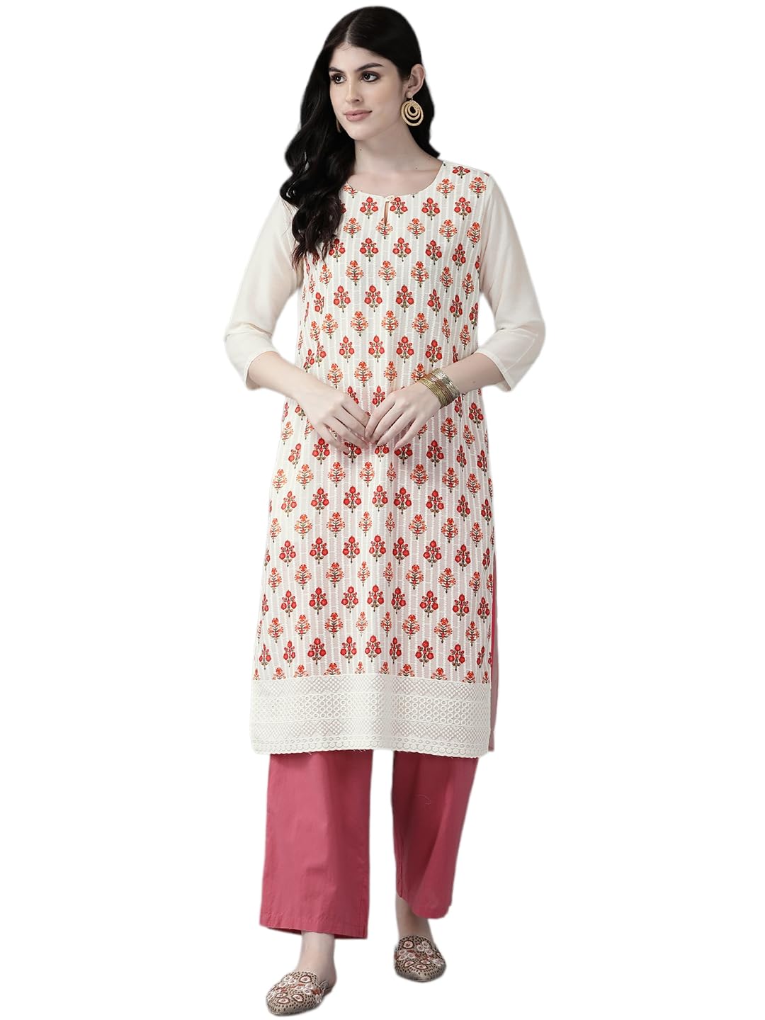 Aarika Womens Cream-Orange Color Cotton Kurti