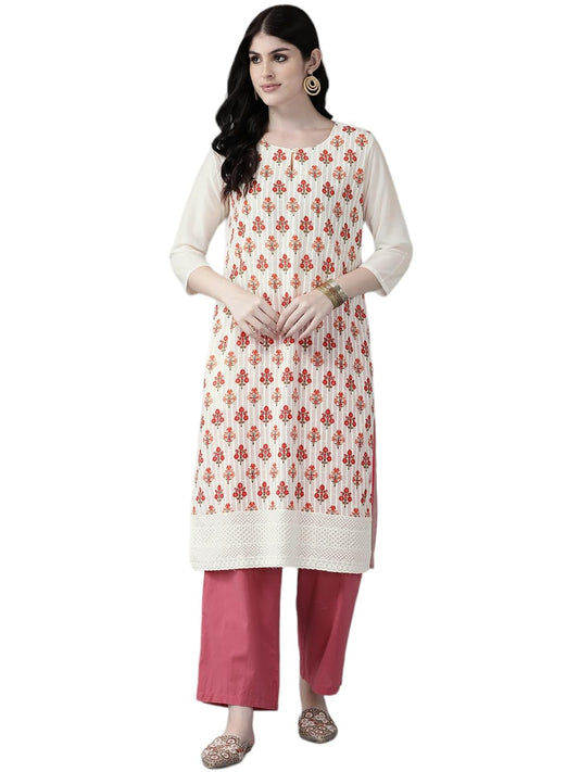Aarika Womens Cream-Orange Color Cotton Kurti