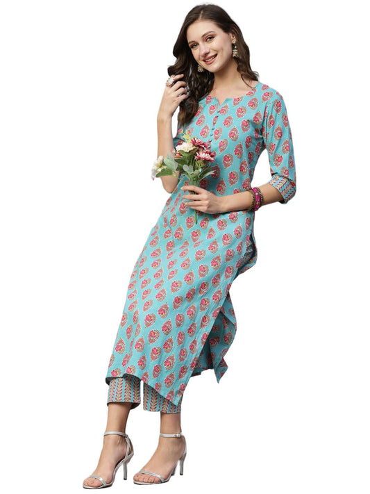 ANNI DESIGNER Women's Cotton Blend Printed Straight Kurta with Pant (Dava Green)