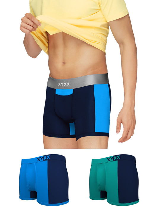 XYXX Mens Underwear Dualist IntelliSoft Antimicrobial Micro Modal Trunk Pack of 3 (Brilliant Blue & Black Iris ; Navigate & Bla