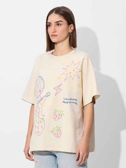 The Souled Store Embroidered T-Shirt: Sunshine Women and Girls Short Sleeve Round Neck Graphic Printed Cotton Oversized T-Shirts