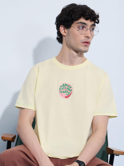 The Souled Store Harry Potter: Birthday Cake Men and Boys Short Sleeves Round Neck Off White Graphic Printed Cotton Relaxed Fit