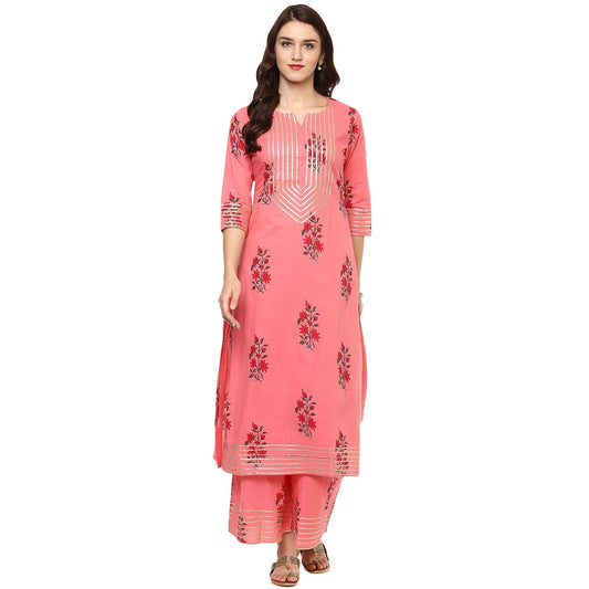 Idalia Coral Printed Straight Pure Cotton Kurta Set For Women 3/4 Sleeve, Round V Neck Designer Kurta With Palazzo Set For Women