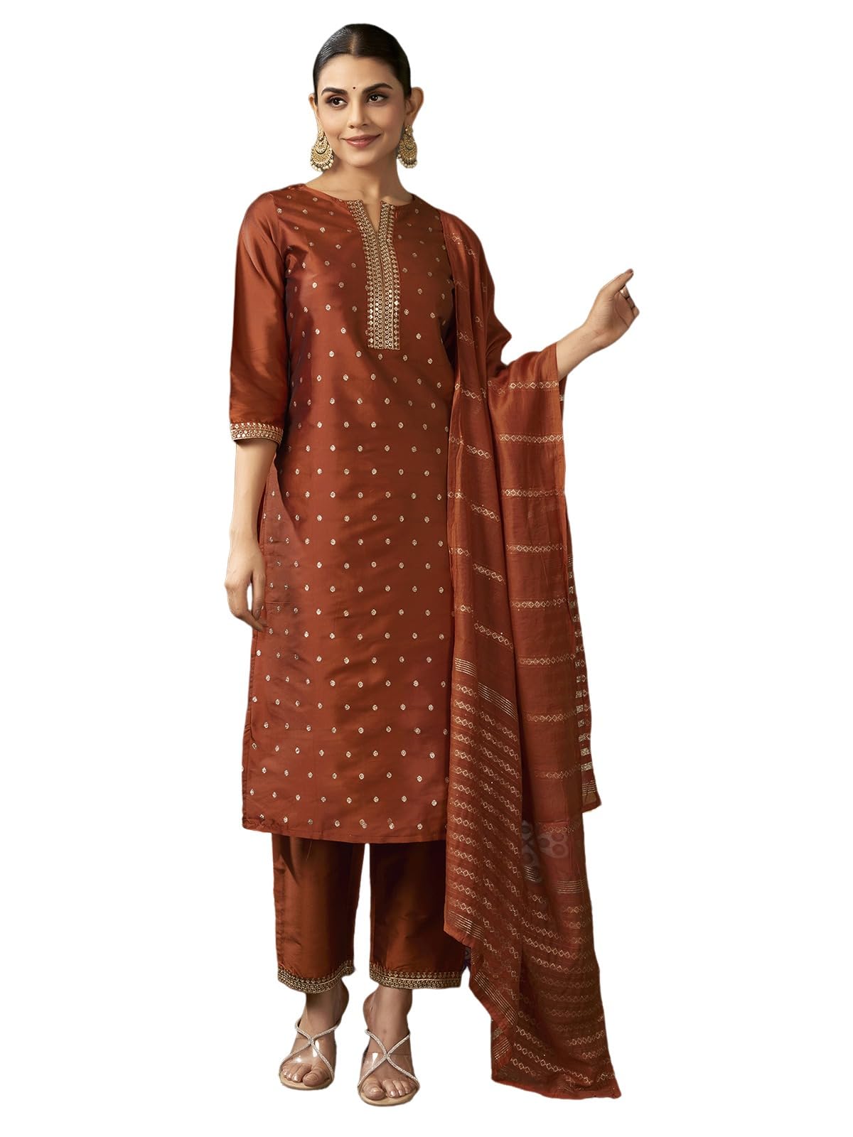 Sanisa Ladies Silk Blend Jacquard and Sequin Embroidery Lace Straight Kurta with Pants and Dupatta Set, Rust- and gold, M