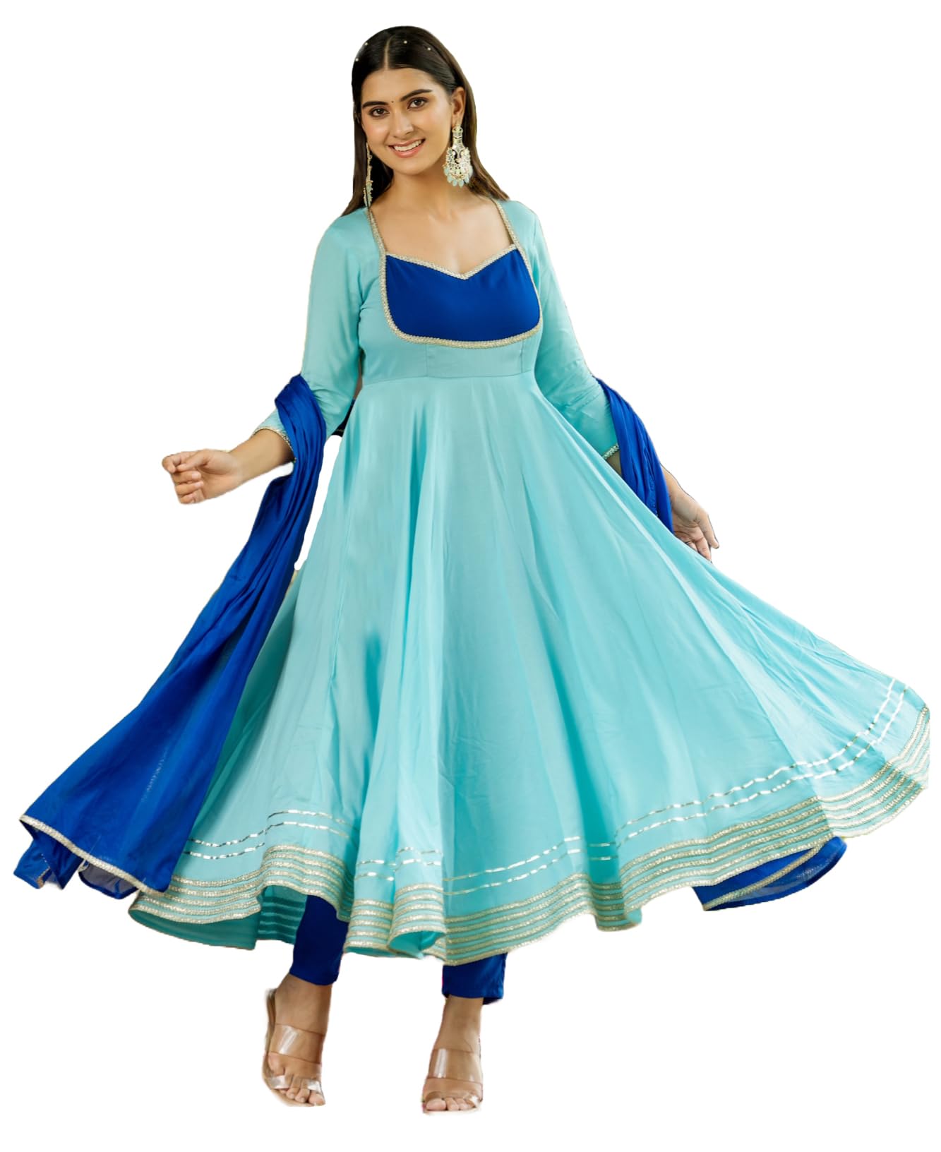 ANNI DESIGNER Anarkali Women s Plain Viscose Kurta with Trousers and Dupatta, Blue, Small