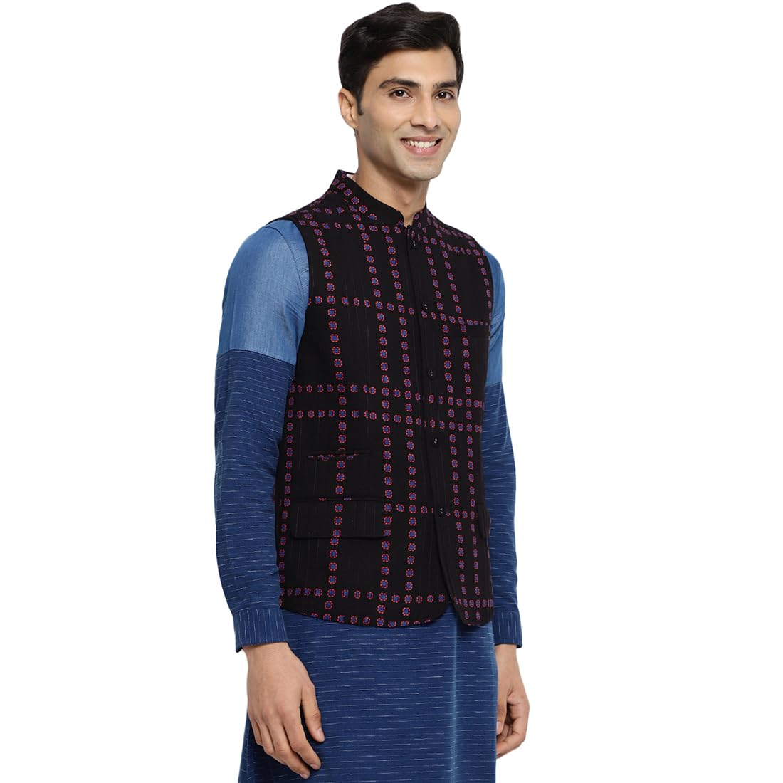 Fabindia MenS Cotton Printed Slim Fit Kurta Set (1027043Black_Black