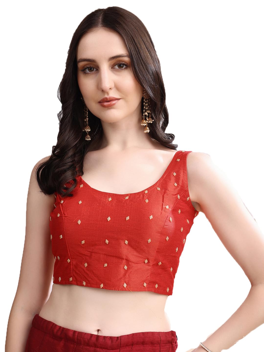 Pujia Mills Womens Square Neck Silk Sleeveless with Stone Readymade Blouse