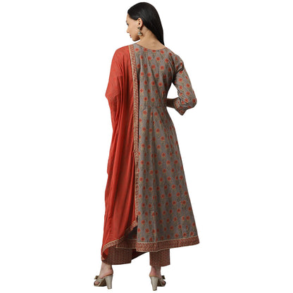 Stylum Women's Floral Printed Cotton Anarkali Kurta Pant Dupatta Set (Grey)