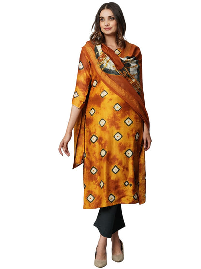 GoSriKi Womens Chanderi Cotton Straight Printed Kurta with Pant & Dupatta (Daban Yellow-GS_M_Yellow_Medium)