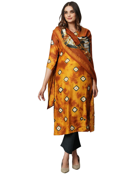 GoSriKi Womens Chanderi Cotton Straight Printed Kurta with Pant & Dupatta (Daban Yellow-GS_M_Yellow_Medium)