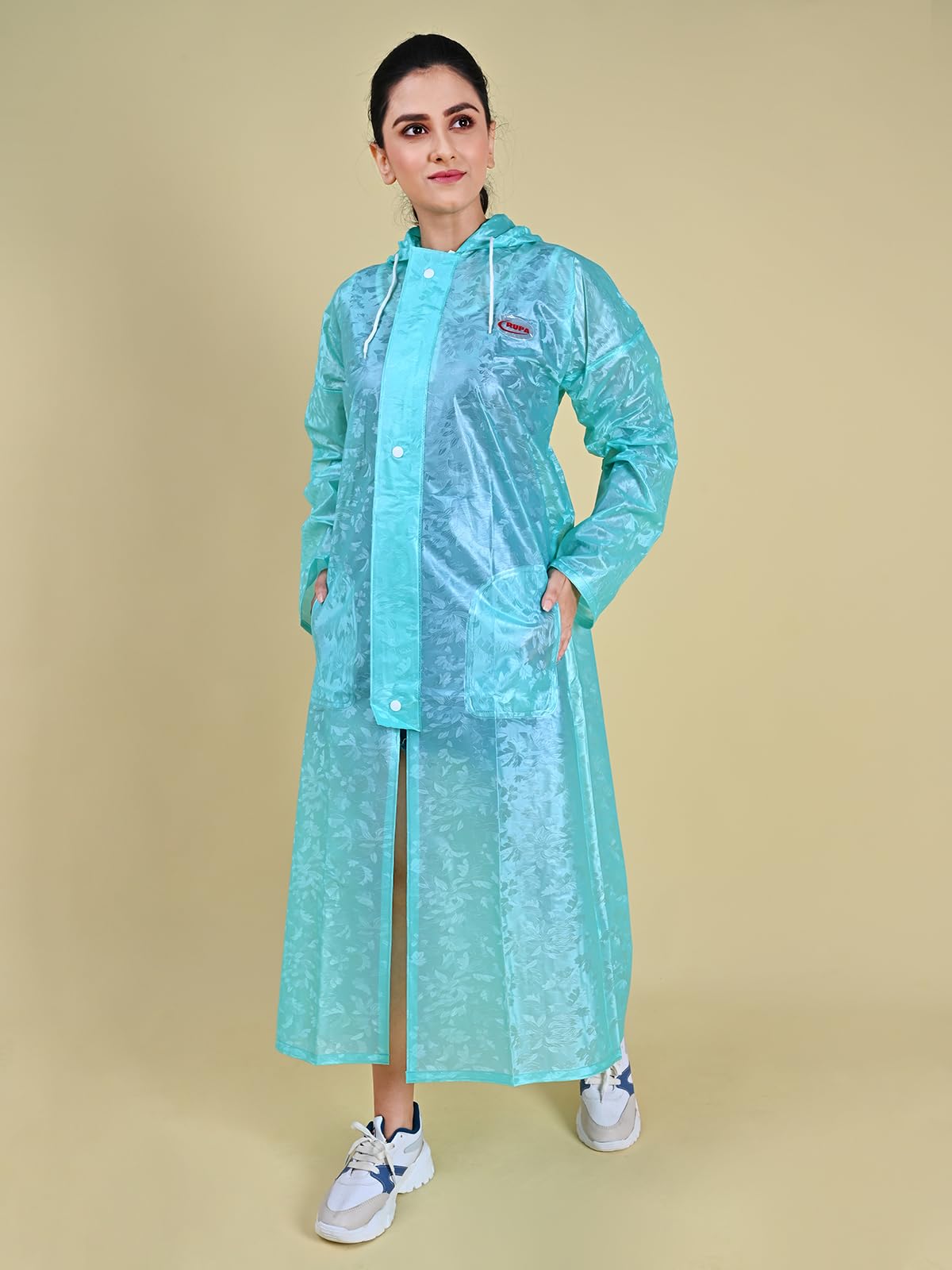 Rupa Rainwear For Women, Waterproof Pvc Rain Jacket With Carry Bag, Petals Design, Pack Of 1, Full Length, Green