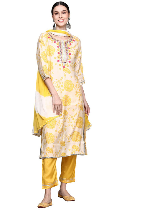 ishin Women's Yellow Yoke Design A-Line Kurta set With Trouser and Dupatta