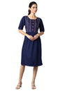 Aurelia Women's Viscose Aure Collection by Navy Embroidered Dress with Gathers Below The Knee (22ONA13287-604209 L)