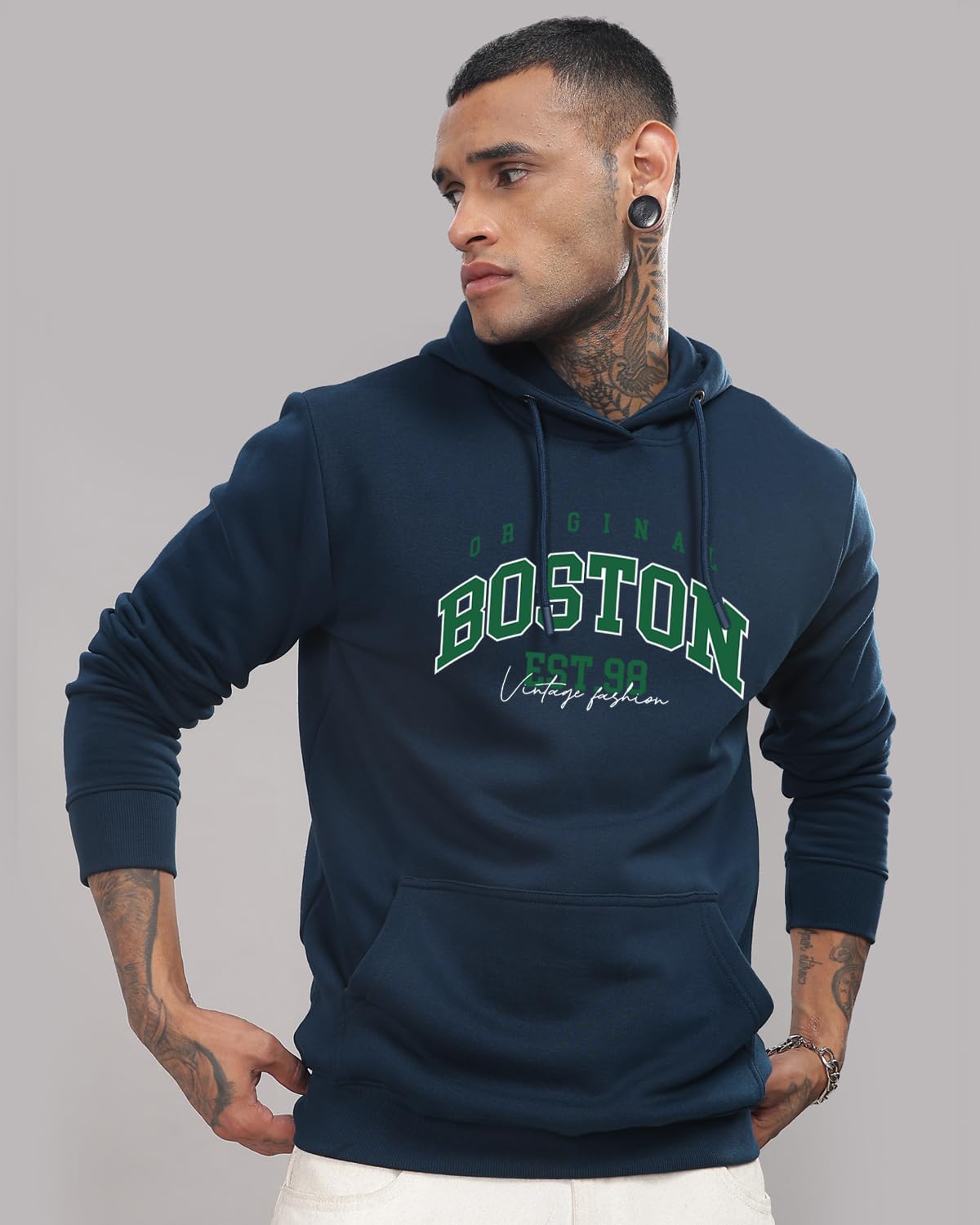 ADRO Men's Cotton Neck Hooded Sweatshirt (H24-BOST-SB_Teal