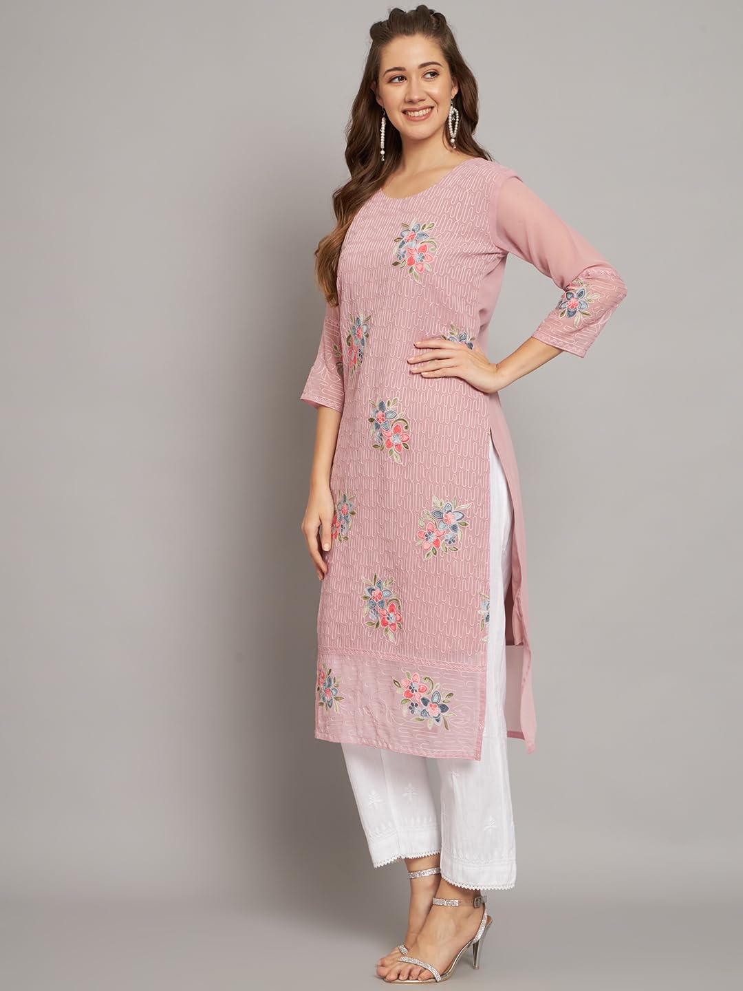 Ekasya WomenS Georgette Straight Cut Round Neck Kurta With Beautiful Floral Embroidery Work - Elegant Design, Comfortable Fit,