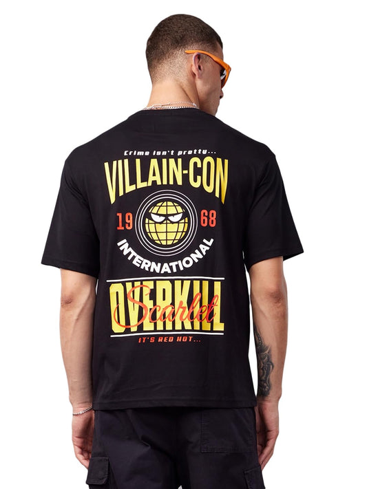Bewakoof Mens Villan-Con Typography 100% Cotton T-Shirt - Oversized Fit, Round Neck, Half Sleeves_592505_Black_XL