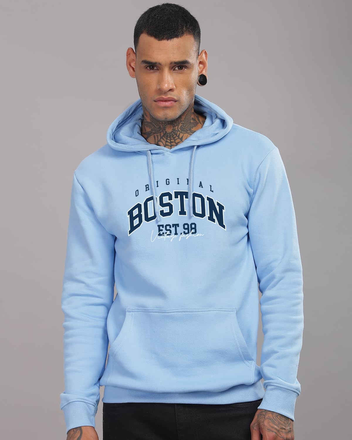 ADRO Men's Cotton Neck Hooded Sweatshirt (H24-BOST-SK_Sky Blue