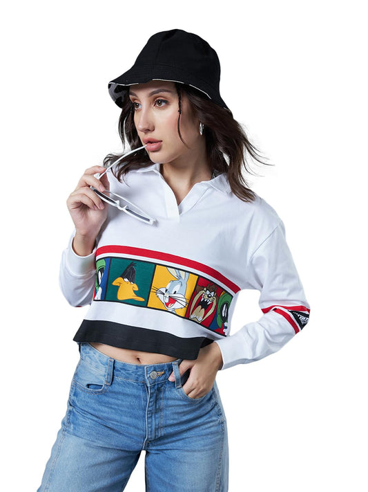 Bewakoof Official Looney Tunes Merchandise WomenS Graphic Printed Oversized Fit Full Sleeve Cotton Polo Short Top_615089_White_X