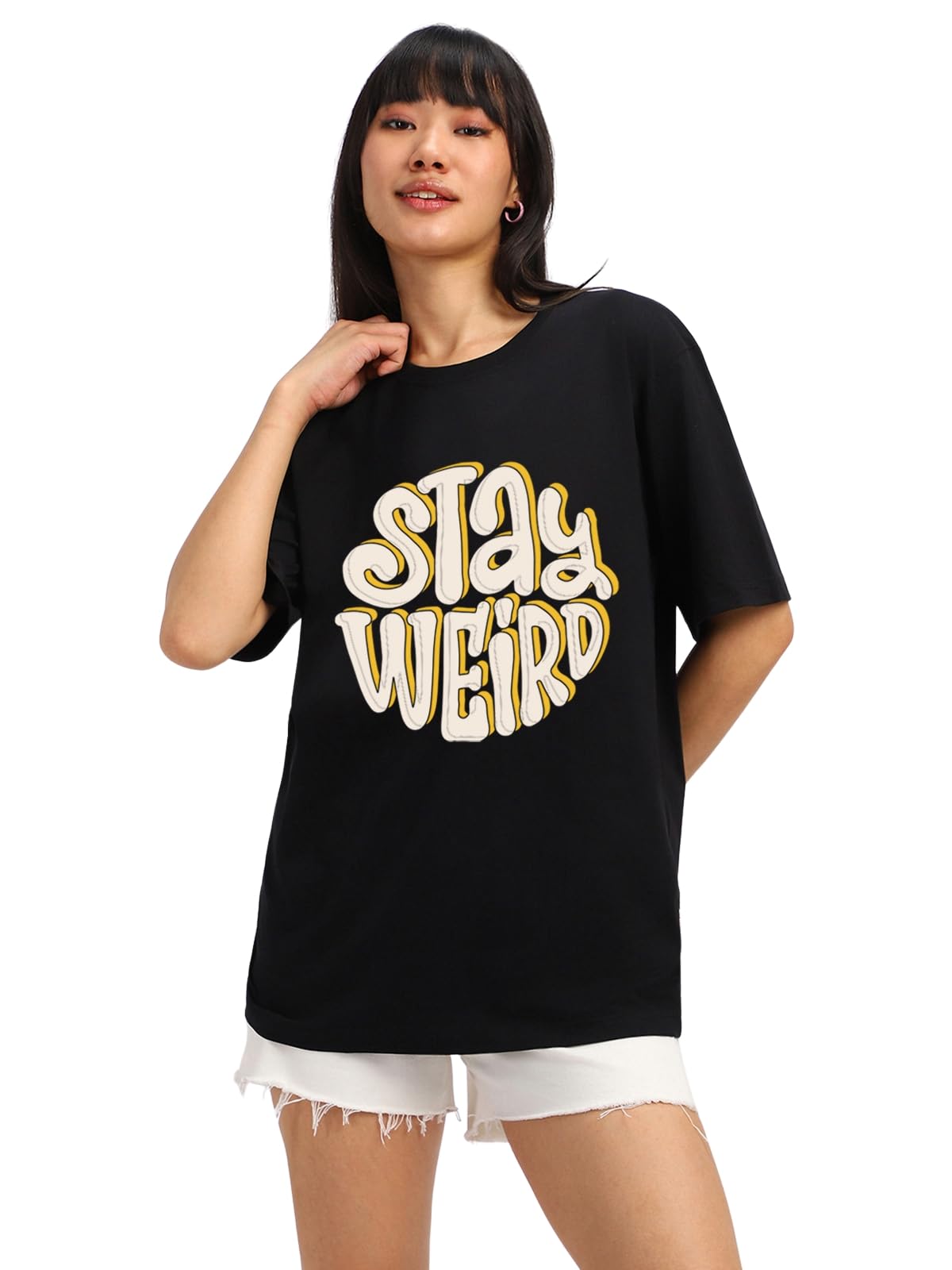 Juneberry WomenS Casual Pure Cotton Black Printed Round Neck, Longline Drop Shoulder Loose Oversized T-Shirt |Oversized Tshirt