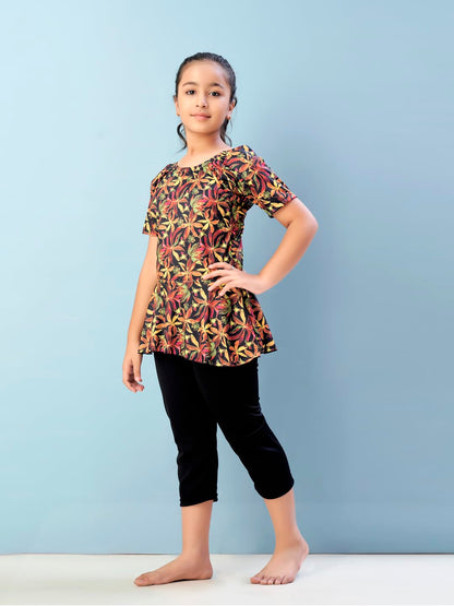 Aarika Girls Sports Wear Yellow-Black Colour Floral Print Nylon Swim Suit (5-15 Years)-(SW-SHM-C-1112)