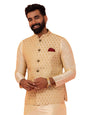 Kisah Men Gold-Toned Woven Design Nehru Jacket Ethnic Festive Waistcoat Cotton, Regular Fit