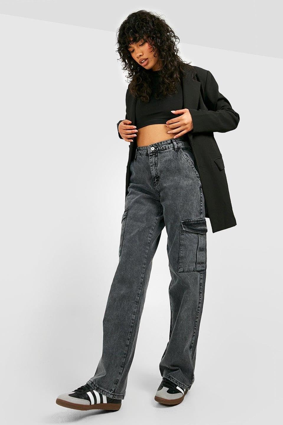 Kotty WomenS Solid High Waist Relaxed Fit Cotton Lycra Blend Cargo Jeans