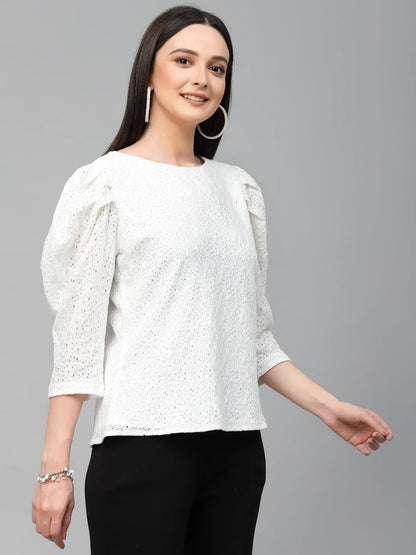 Style Quotient Women White Self Design Floral Lace Regular Smart Casual Tops