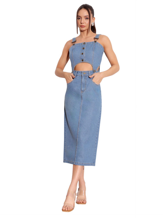 Miss Chase WomenS Square Neck Sleeveless Pinafore Detachable Midi Denim Co-Ord Set (Mcss24Den04-56-229-06, Royal Blue, Xl)
